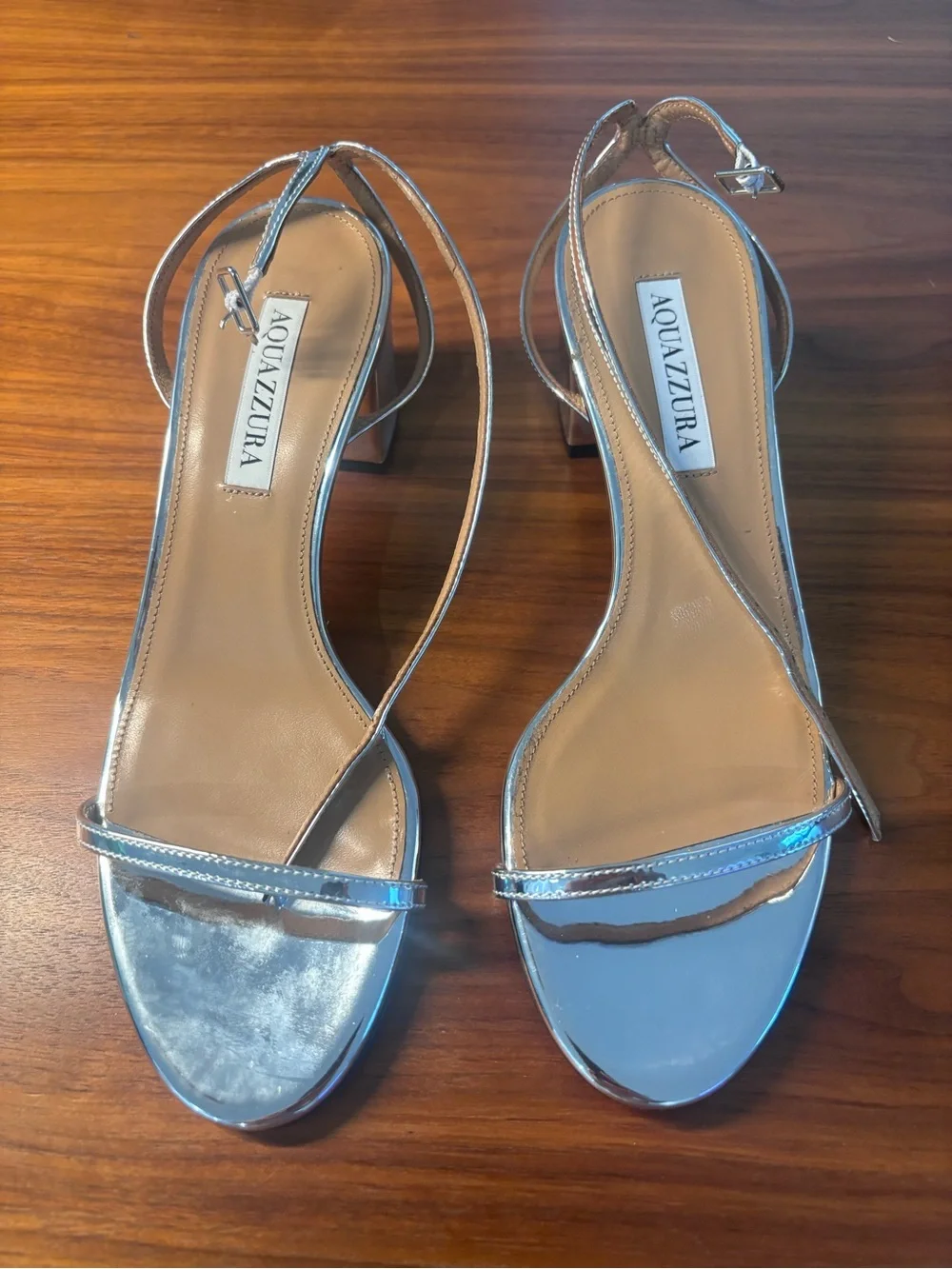 Aquazzura Deneuve Bow 50 Silver Metallic Ankle-Strap Block Heel Sandals Size 37
